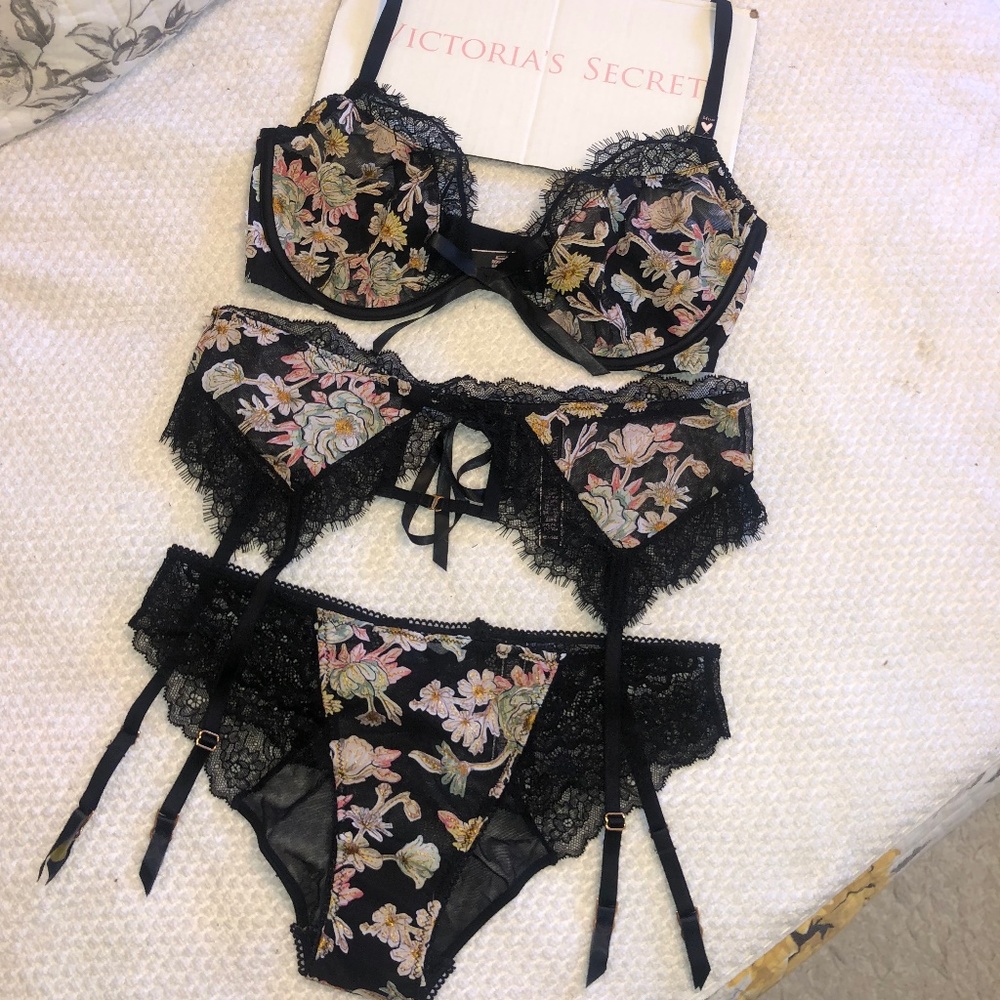 Victoria’s Secret Garden Party Embroidered Demi Cheekini & Garter Set 34DD/M NEW